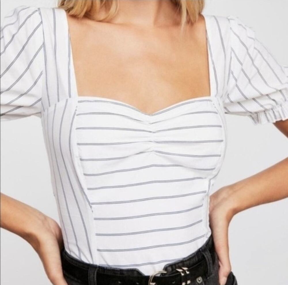 Free People Rose Garden Blouse Crop Puff Sleeve Pinstripe M Cottagecore Romantic